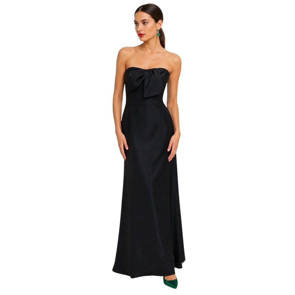 Nicole Miller Black Satin Slimming Strapless Formal Maxi Evening Bow Top Gown 12